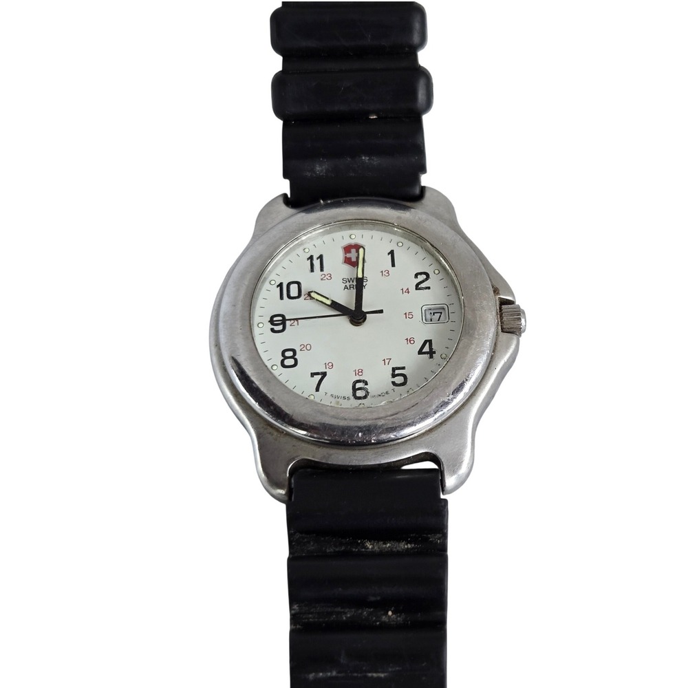 vintage Victorinox Swiss Army Watch Stainless Steel Date Black Strap 8" Tested